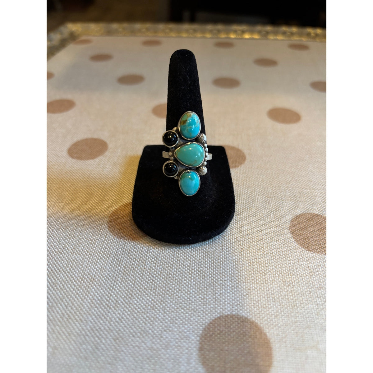 Heavy Sterling Silver Turquoise & Black Onyx Statement Ring Adjustable Size 7-9