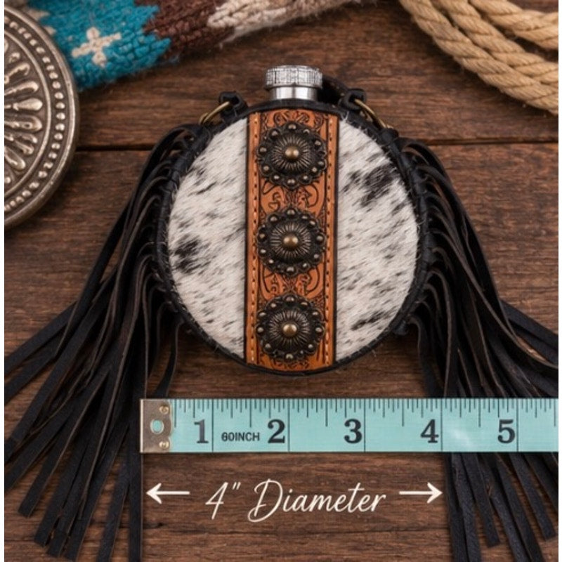 Handmade Cowhide Western Canteen Crossbody with Fringe & Conchos – 4 Inch