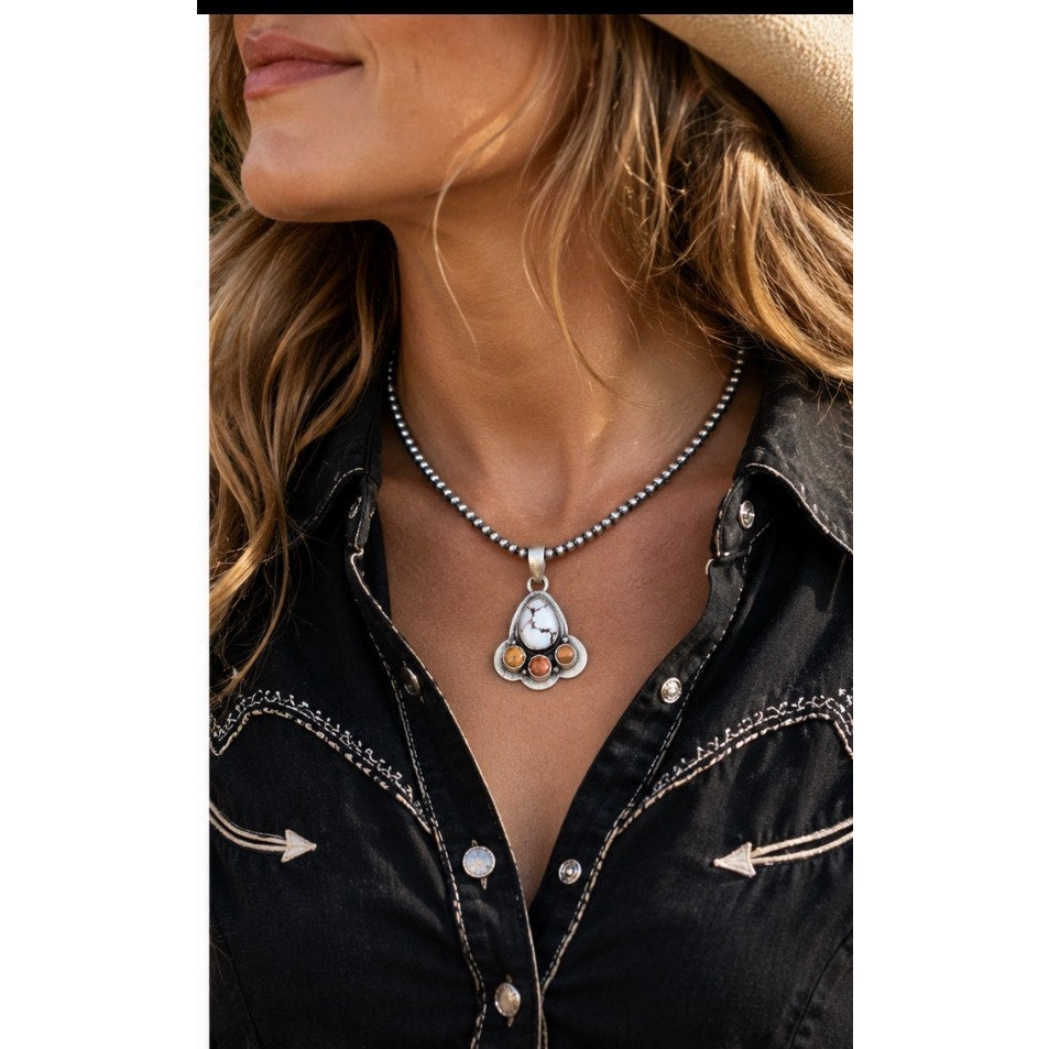 White Buffalo Turquoise Brown/ Copper Jasper Accent Stone Pendant on 16" 3mm