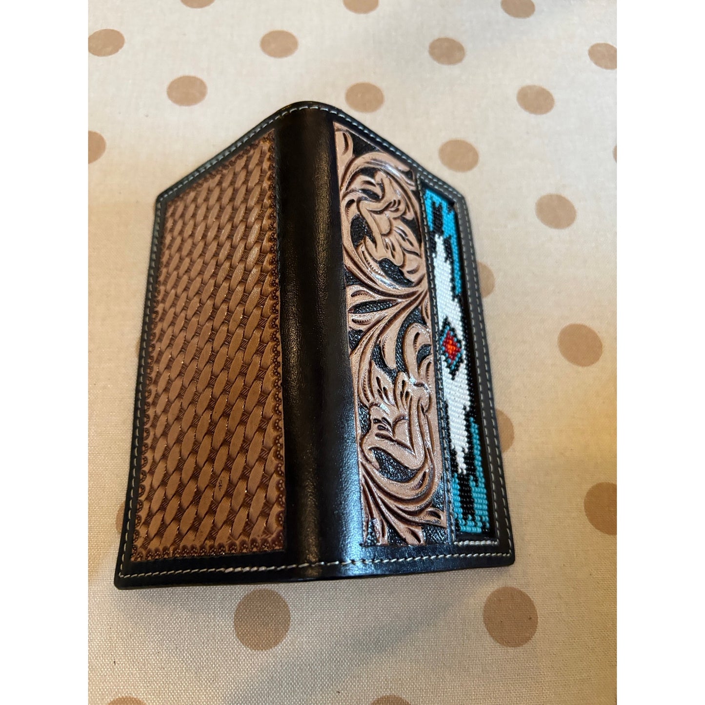 Tooled Cowhide Leather Long Style Beaded Checkbook  and Wallet