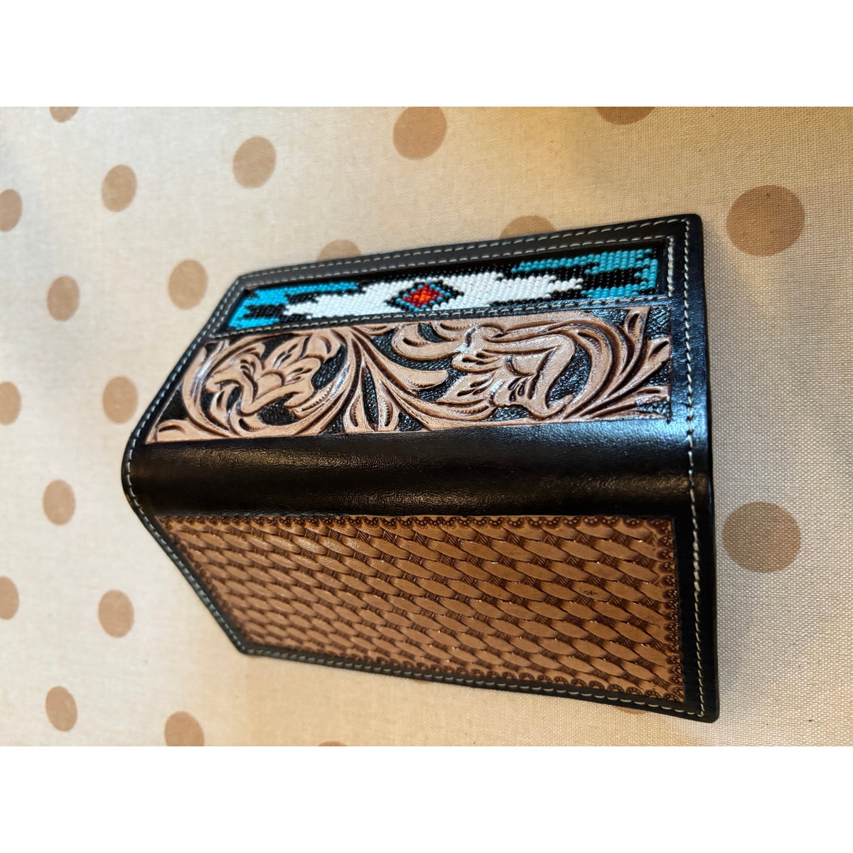 Tooled Cowhide Leather Long Style Beaded Checkbook  and Wallet