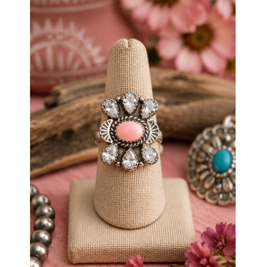 Pink Conch and Cubic Zirconia Ring in Sterling Silver