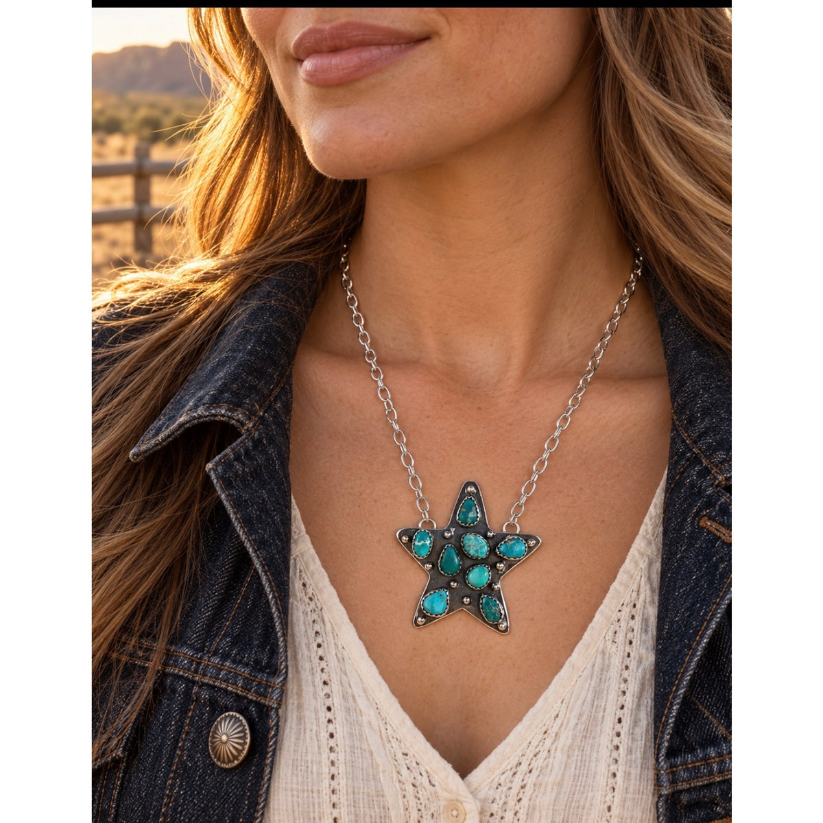White Water Turquoise Sterling Silver Star Necklace – 20" Southwestern