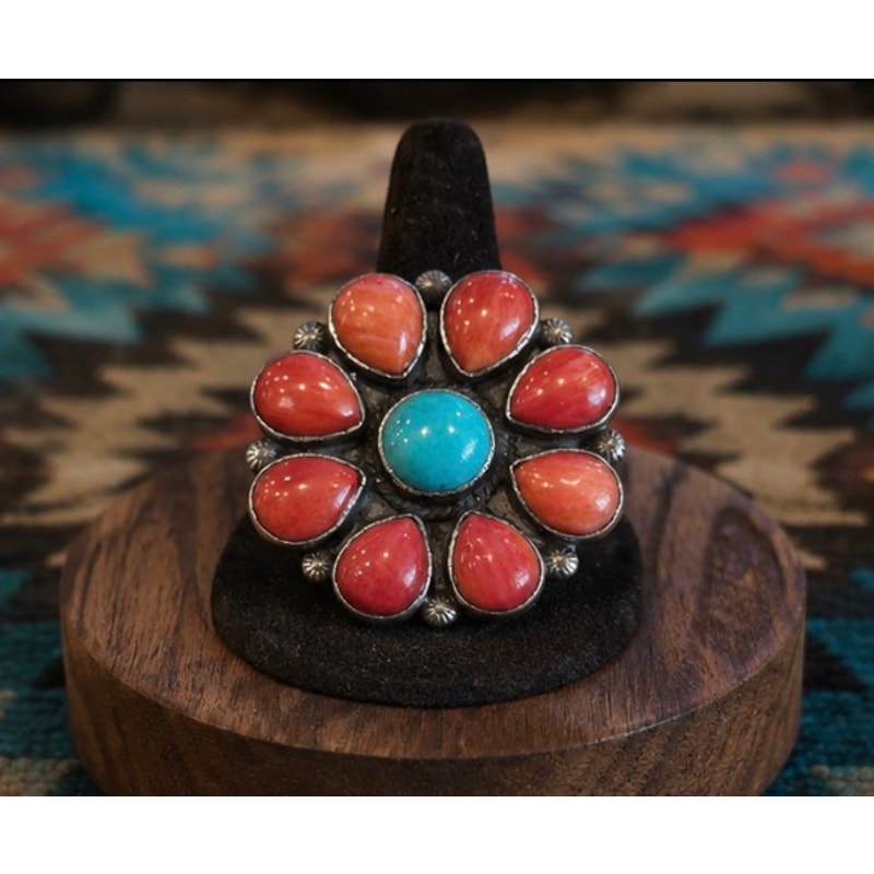 Turquoise & Red Coral Cluster Flower Ring Sterling Silver
