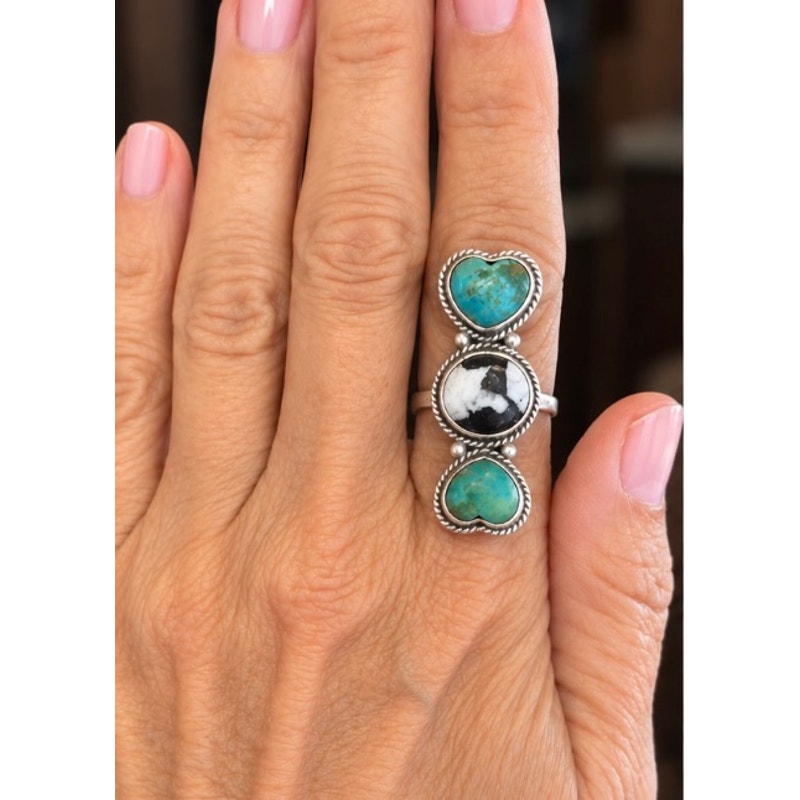 Southwestern Kingman Turquoise & White Buffalo Three-Stone Crawler Ring | 925 SS
