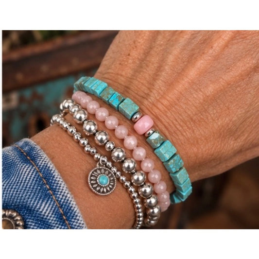 Kingman turquoise and Pink Conch Square Beaded Bracelet sz 8