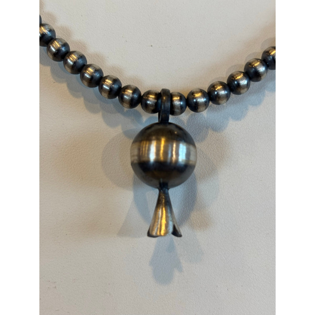 Sterling Silver Squash Blossom Pendant on Pearl Bead Necklace | 16" Southwestern