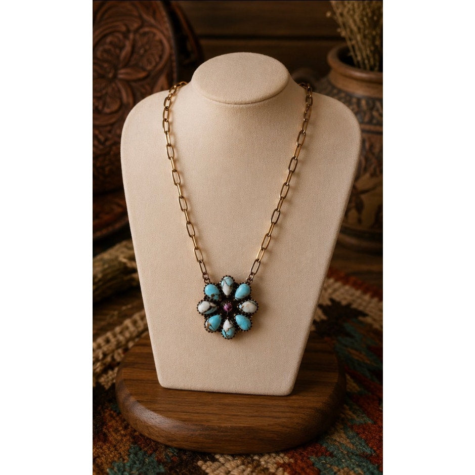 Copper & Turquoise w Cotton Candy Cluster Necklace in Copper 18"