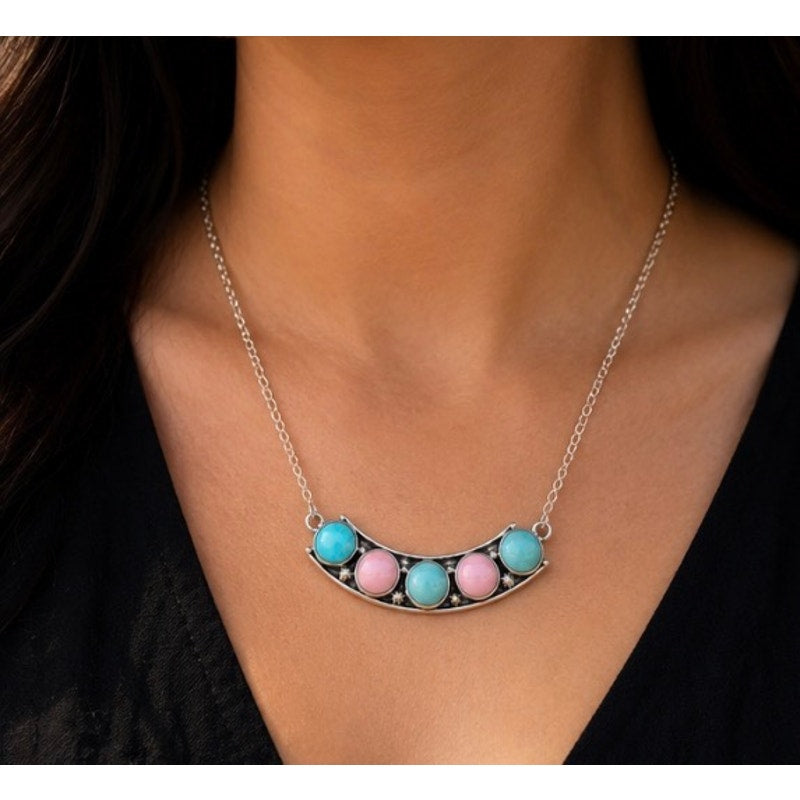 Pink Conch/ Turquoise Multi Stone Necklace set in Sterling Silver 20"