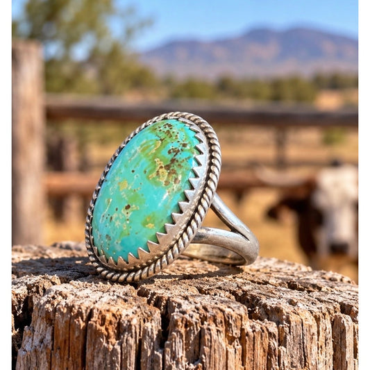Royston Turquoise Oblong Ring – Adjustable Sterling Silver Southwestern Western Jewelry