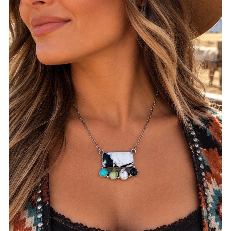 White Buffalo, Turquoise Multistone Bar Necklace 20" Chain