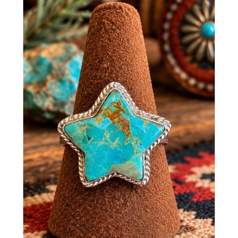 Number 8 Turquoise Star Ring – Sterling Silver Adjustable Size 6–9