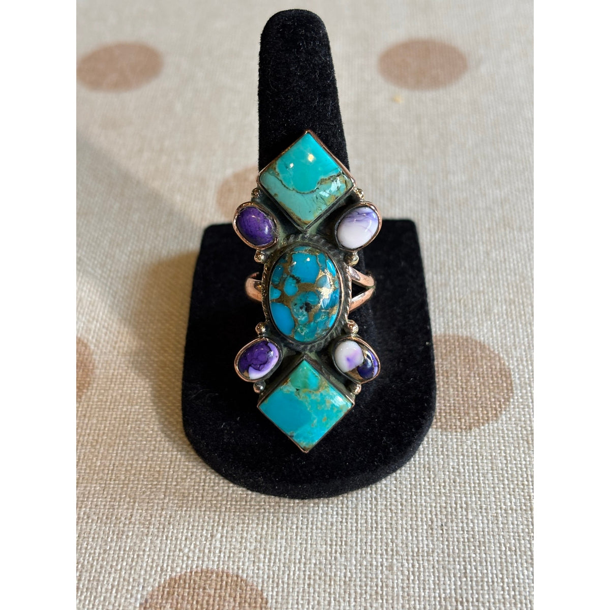 Kingman Turquoise & Purple Spiny Oyster Crawler Ring | Adjustable Copper Setting 7–10