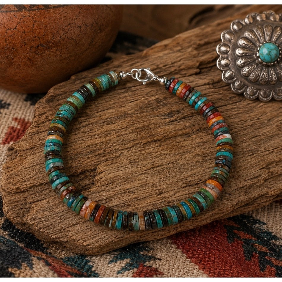 7" Turquoise & Spiny Oyster Heishi Bracelet Sterling Silver Southwest Bracelet