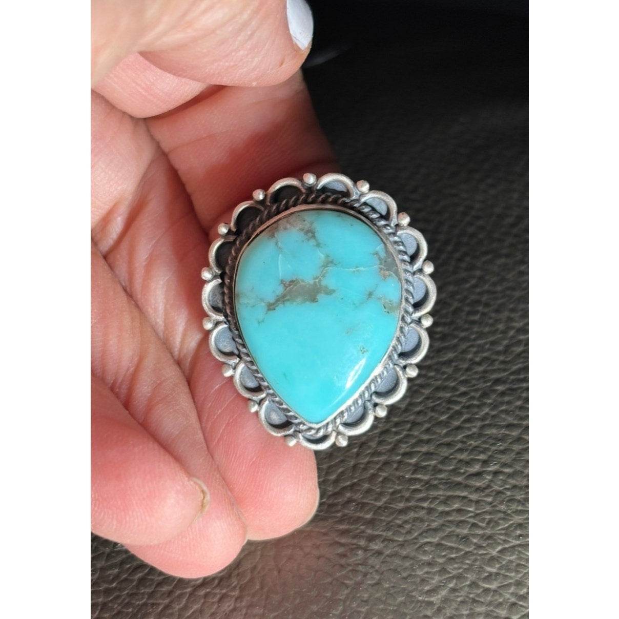 Number Eight Turquoise Teardrop Ring, Adjustable Sterling Silver