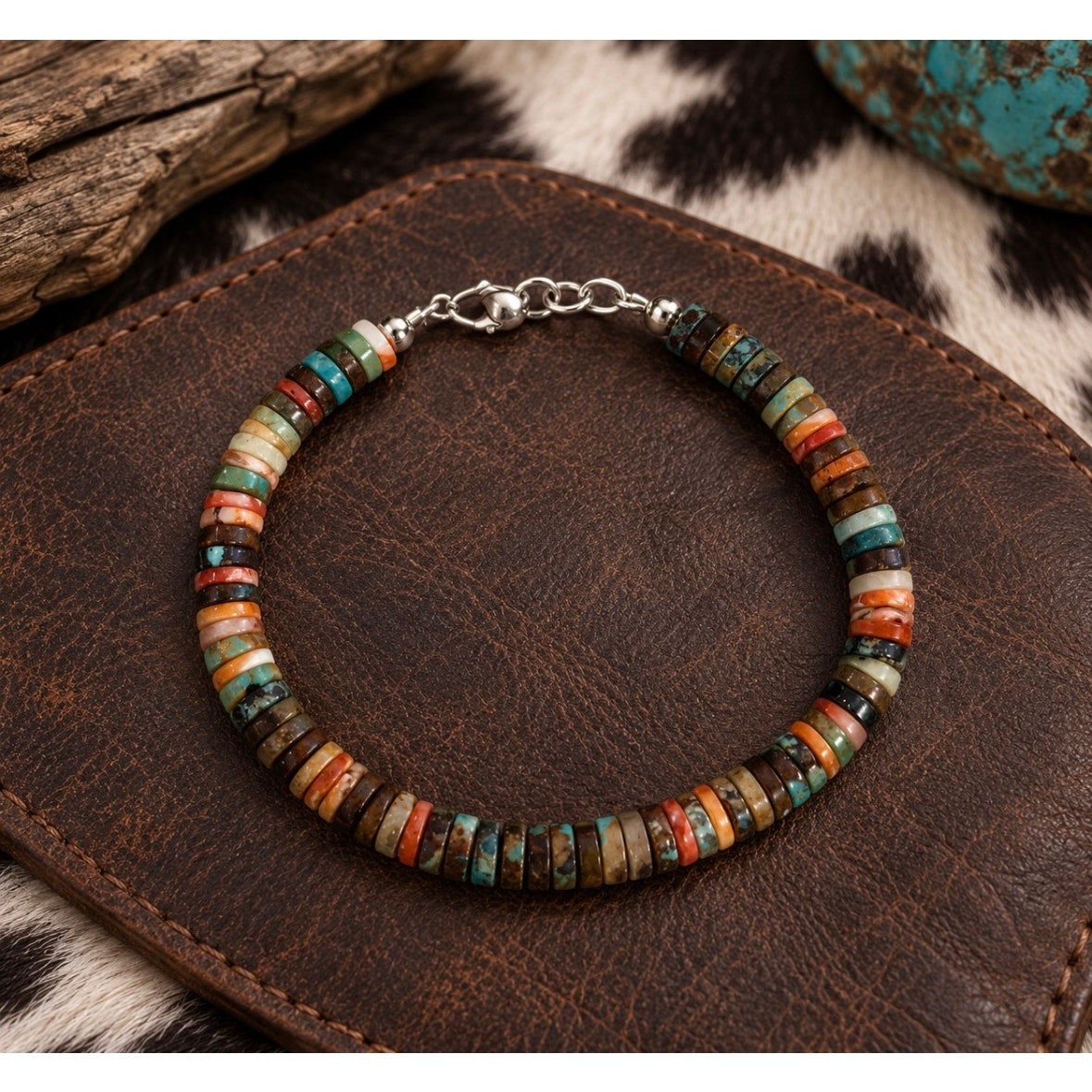 7" Spiny Oyster & Turquoise Heishi Sterling Silver Bracelet