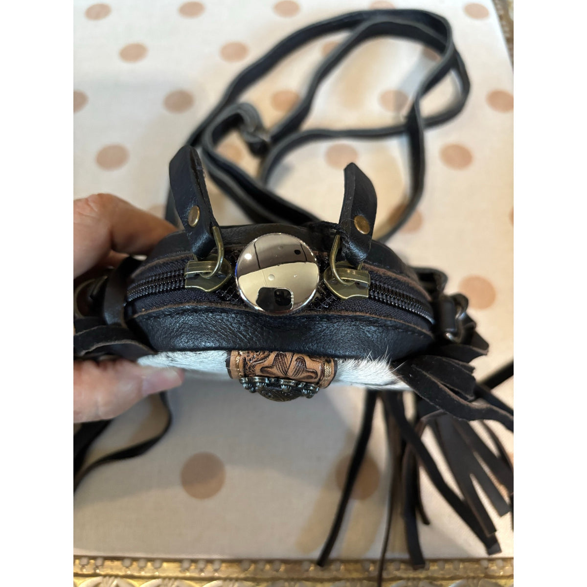Handmade Cowhide Western Canteen Crossbody with Fringe & Conchos – 4 Inch