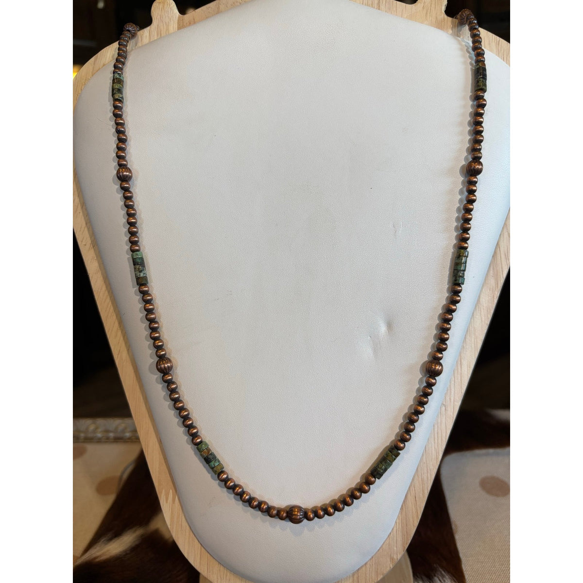 Copper Pearl Bead Layering Necklace with Royston Turquoise Accents – 24 Inch