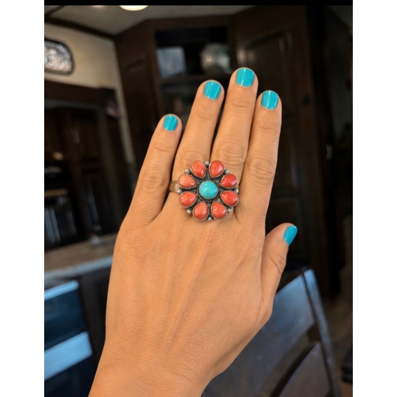 Turquoise & Red Coral Cluster Flower Ring Sterling Silver