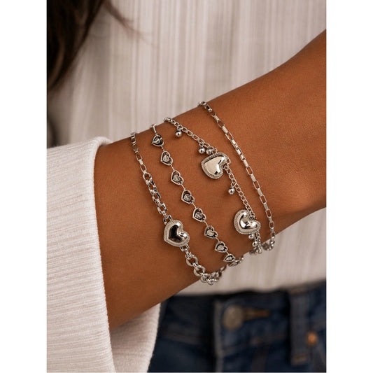 Silver Heart Charm Layered Bracelet Set - Women's Jewelry