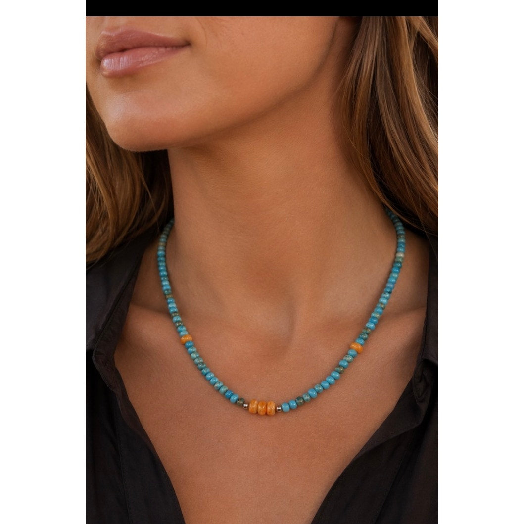 16" Turquoise & Orange Spiny Oyster Beaded Necklace | Southwestern Jewelry