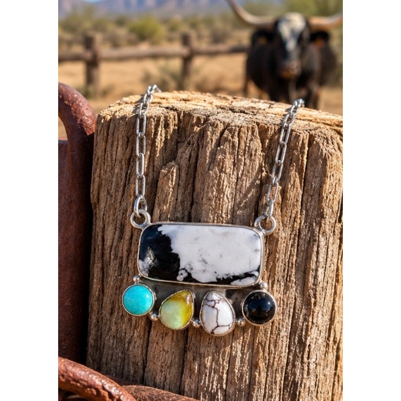 White Buffalo, Turquoise Multistone Bar Necklace 20" Chain