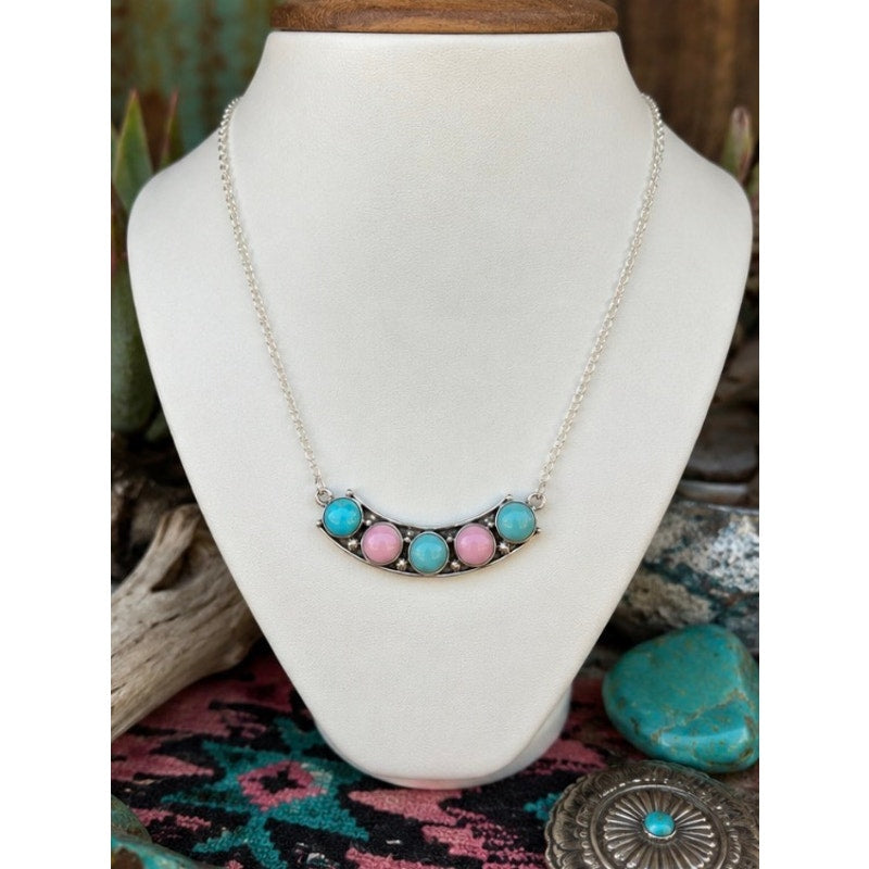 Pink Conch/ Turquoise Multi Stone Necklace set in Sterling Silver 20"