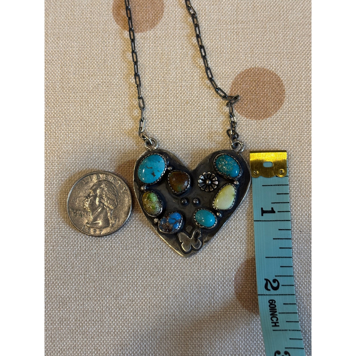 One of a Kind Multi-Turquoise Heart Necklace Sterling Silver 20"