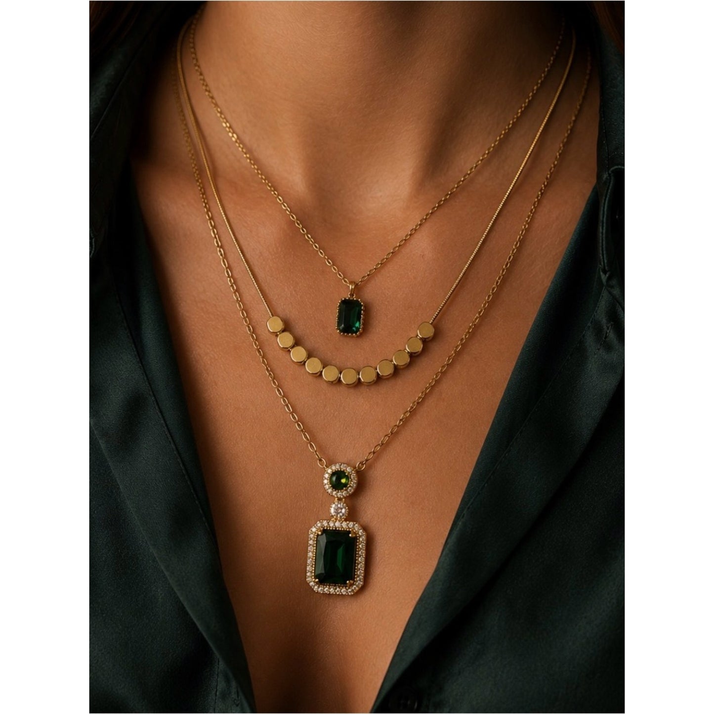 19k Gold Plated Water Resistant Necklace Set with Emerald Green Stones #27