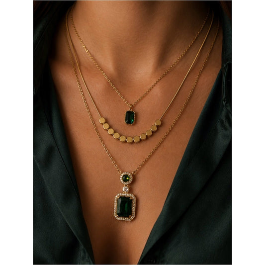 19k Gold Plated Water Resistant Necklace Set with Emerald Green Stones #27