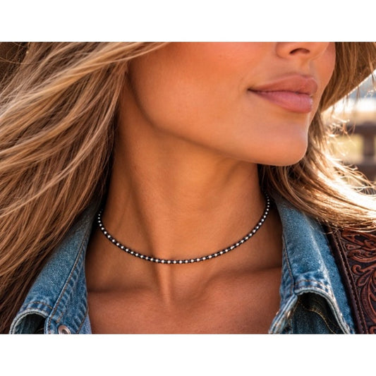 Sterling Silver 3mm Pearl Bead Southwestern Choker Necklace – 14"
