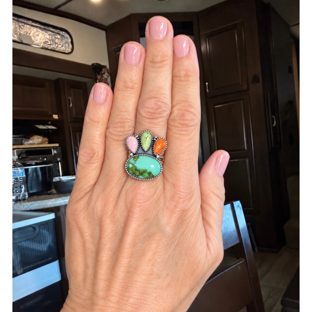 Sonoran Mountain & Paloma Turquoise Ring with Pink conch and Orange Spiny