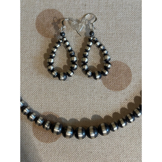 Sterling Silver Graduated Pearl Bead Necklace and Earrings/ Western Style