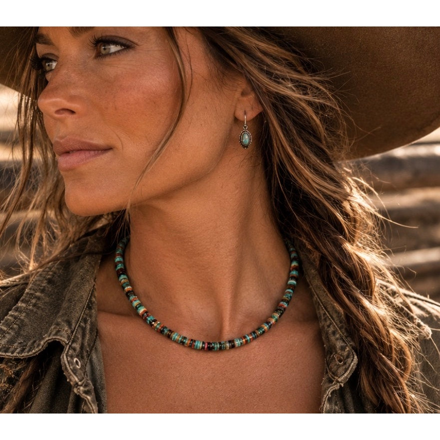 Southwestern Multicolor 16" 6mm Heishi Necklace | Turquoise, Orange Spiny Oyster & Shell Disc Bead Choker | Western Layering Necklace