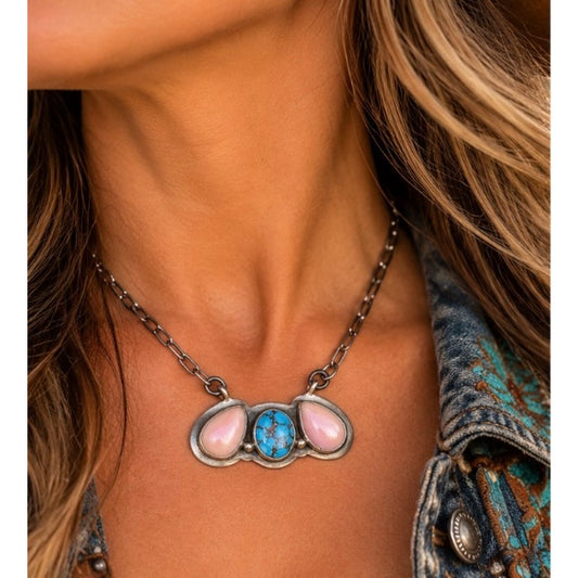 Pink Conch & White Water Turquoise Bar Necklace – Sterling Silver, Adjustable 20" Paperclip Chain