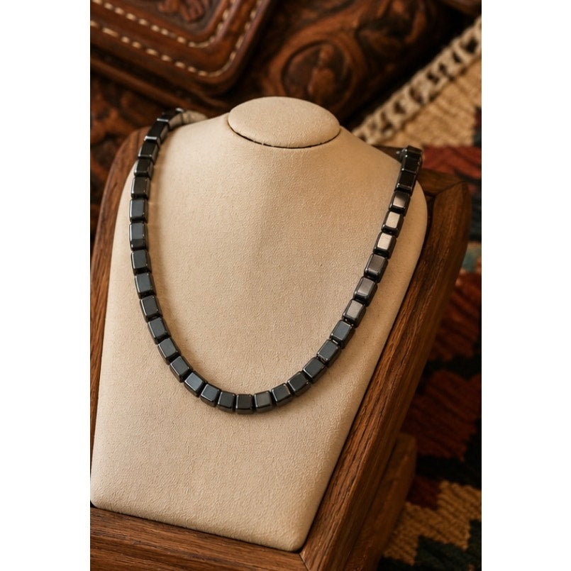 Hematite square beaded necklace 18” with Sterling Silver Clasp