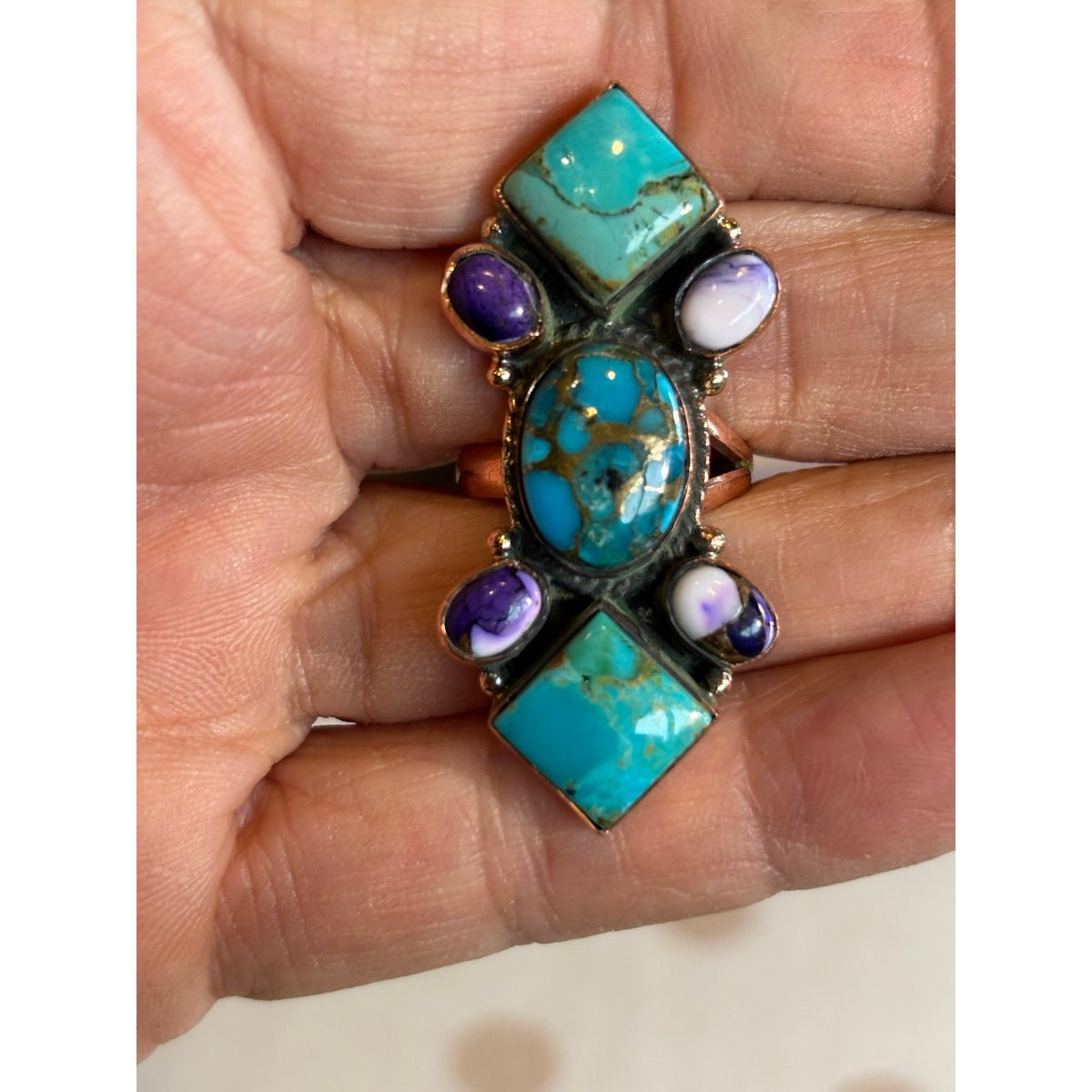 Kingman Turquoise & Purple Spiny Oyster Crawler Ring | Adjustable Copper Setting 7–10