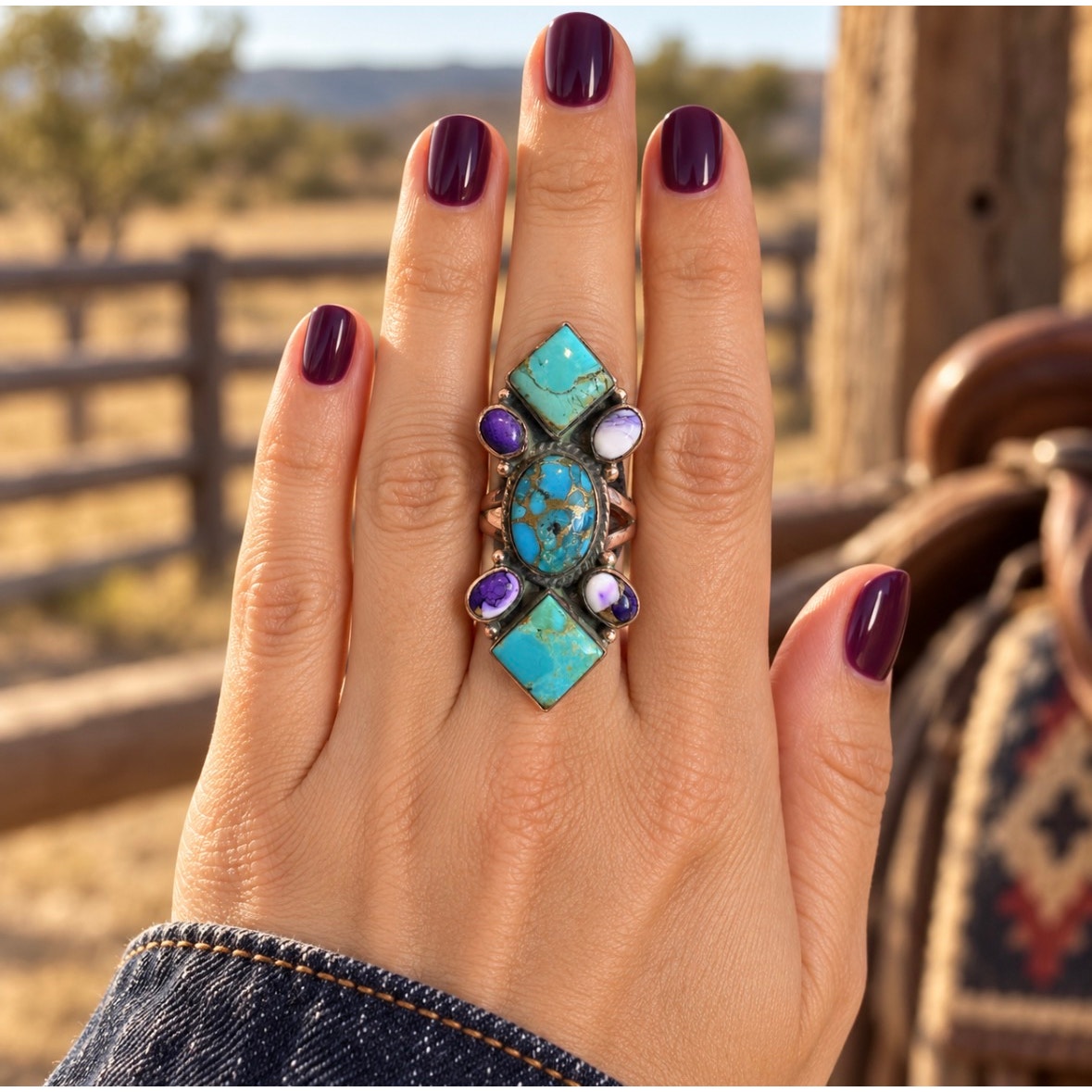 Kingman Turquoise & Purple Spiny Oyster Crawler Ring | Adjustable Copper Setting 7–10