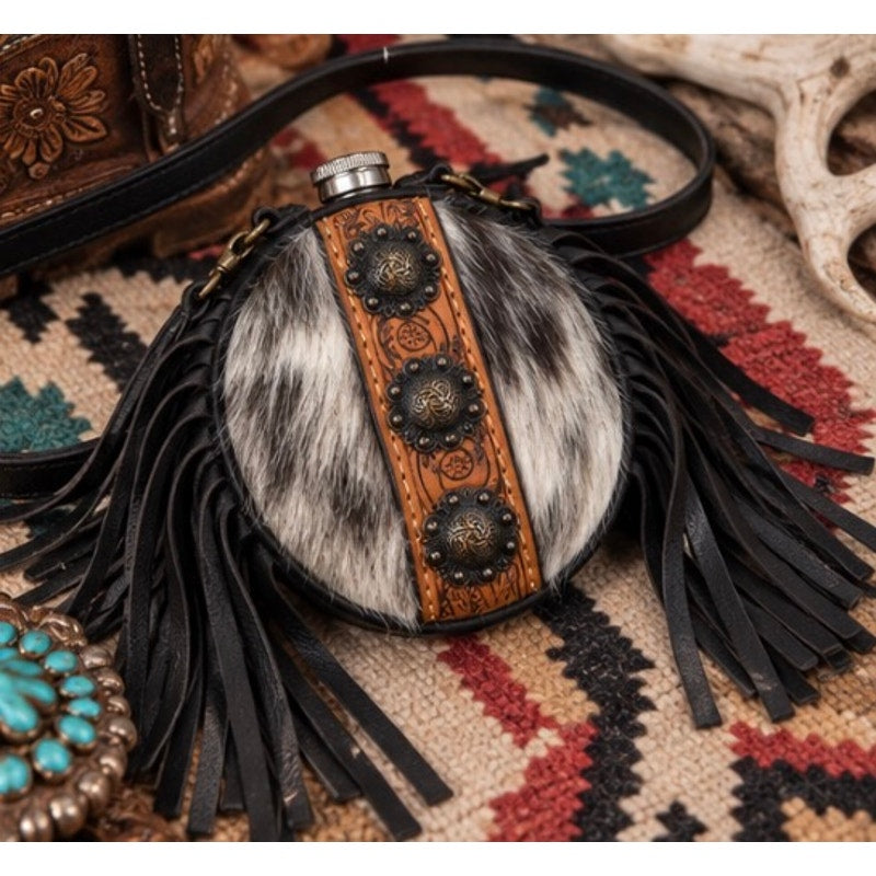 Handmade Long-Hair Cowhide Western 2 Shot Canteen Crossbody with Fringe – 4 Inch
