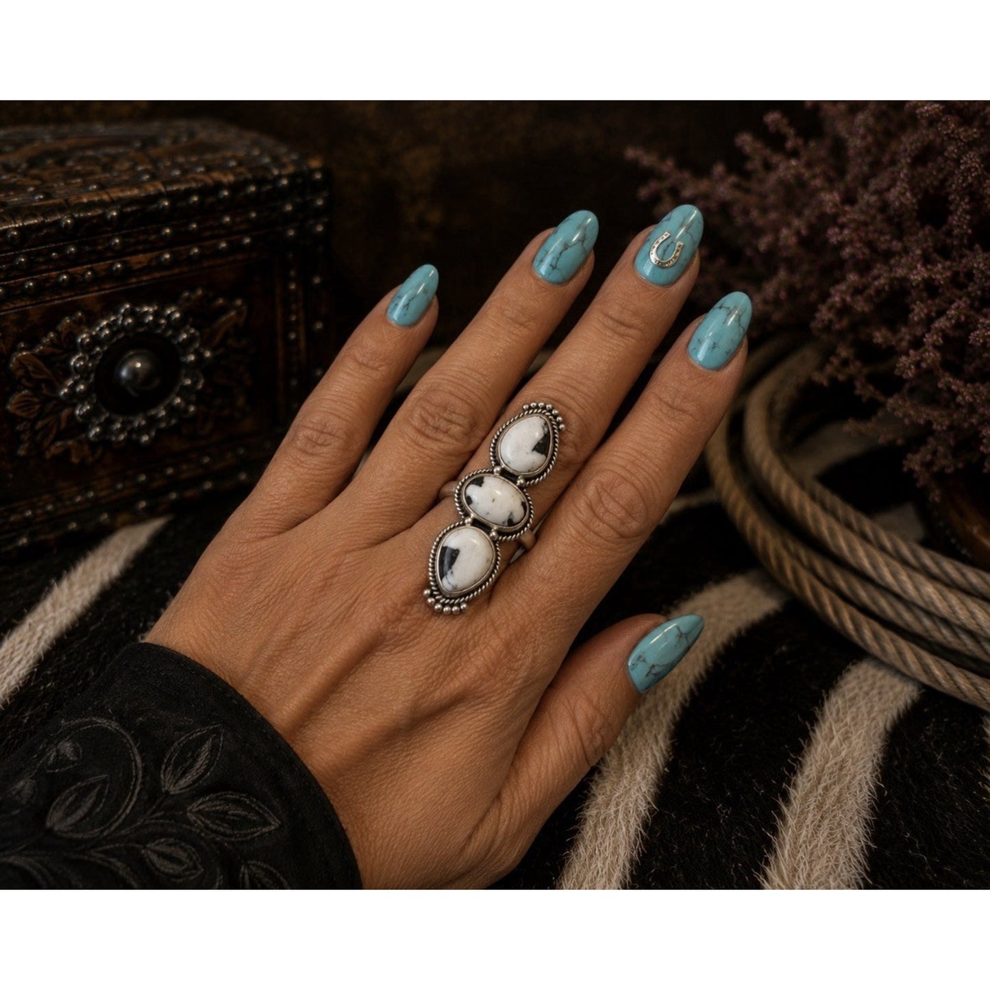 Turquoise White Buffalo Three Stone Southwestern Sterling Silver Ring sz 6-9