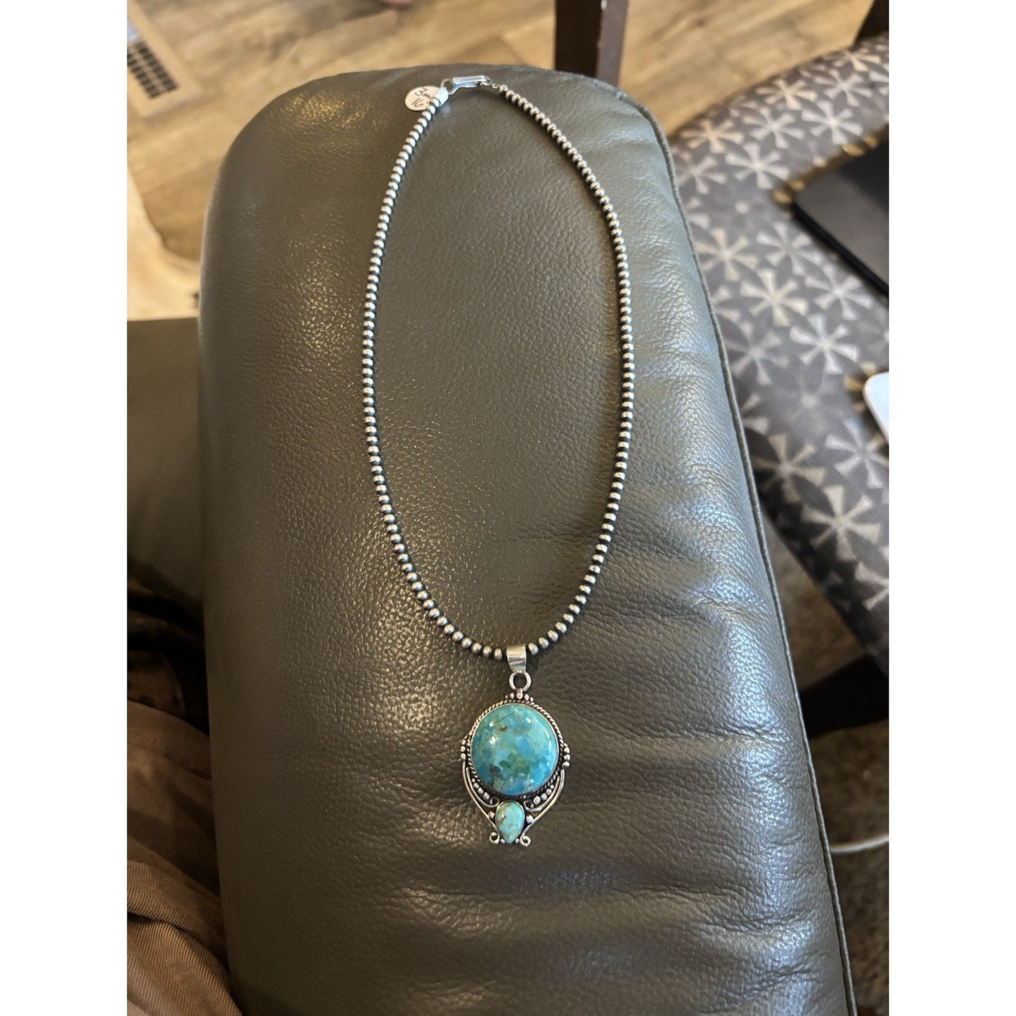 Kingman Turquoise Two Stone Necklace On Sterling Silver Beaded 16” 3mm Chain