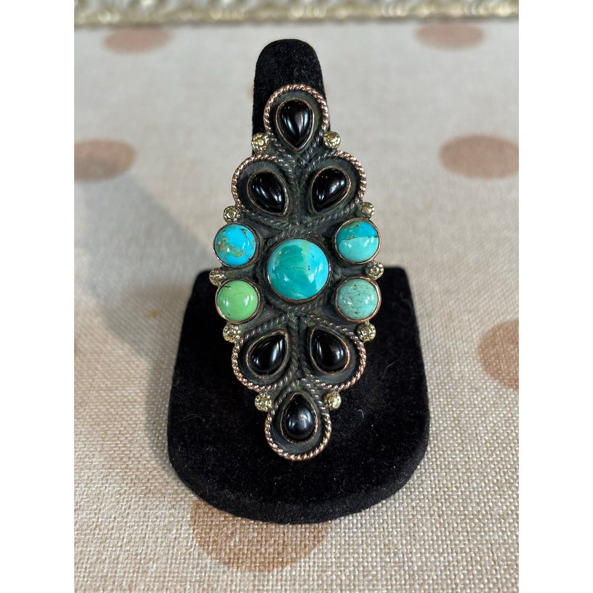 Turquoise & Black Onyx Multistone Copper Statement Ring adjustable 5-9