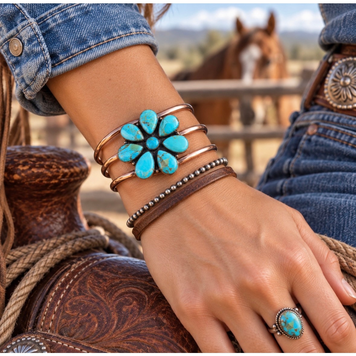 Mohave Turquoise Flower| Cluster Adjustable Copper Cuff Bracelet