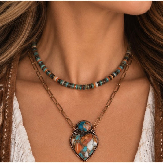 Spiny Heishi 16” Necklace paired with a Mohave Spiny Oyster 20" in Copper