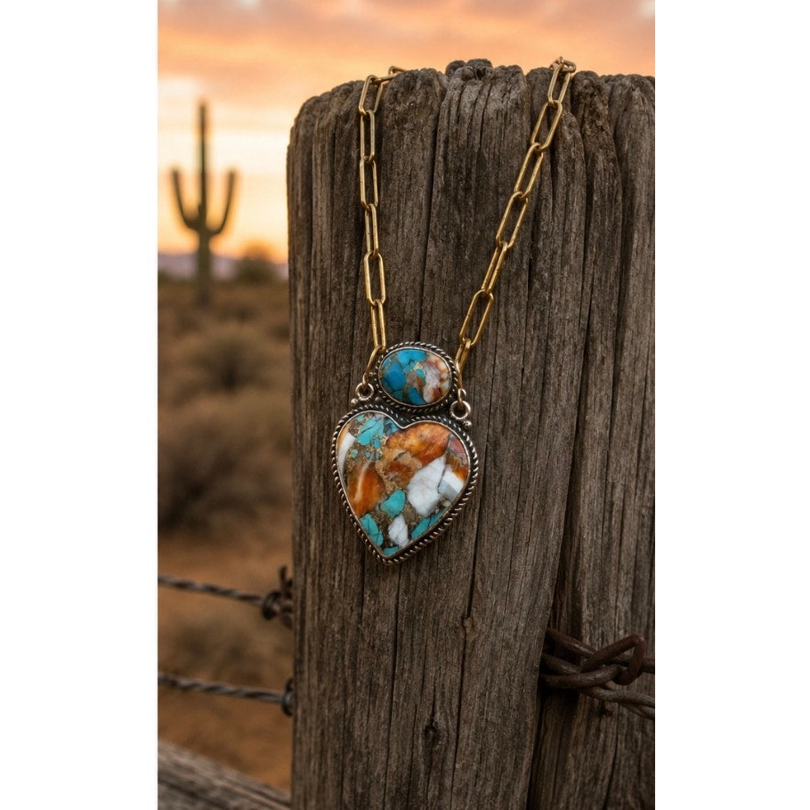 Mohave Turquoise Spiny Oyster in Copper w Paper Clip Chain