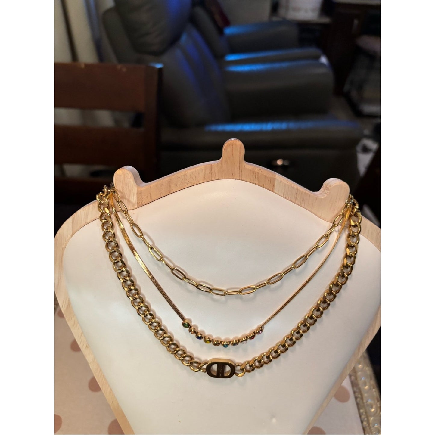 18k Gold plated, water proof, tarnish Gold Multi-Layered Necklace Gem Accents