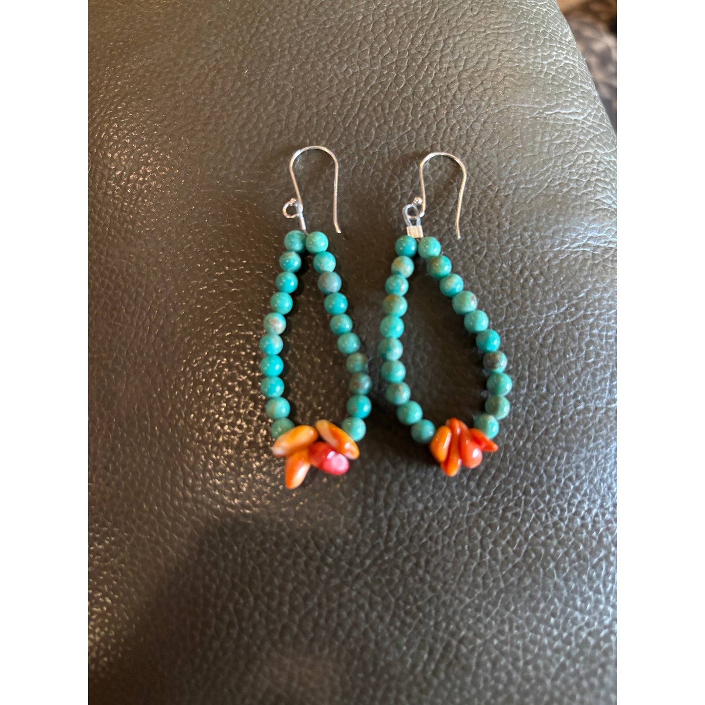 Turquoise & Red Spiny Oyster Bead Dangle Earrings | Sterling Silver Hooks