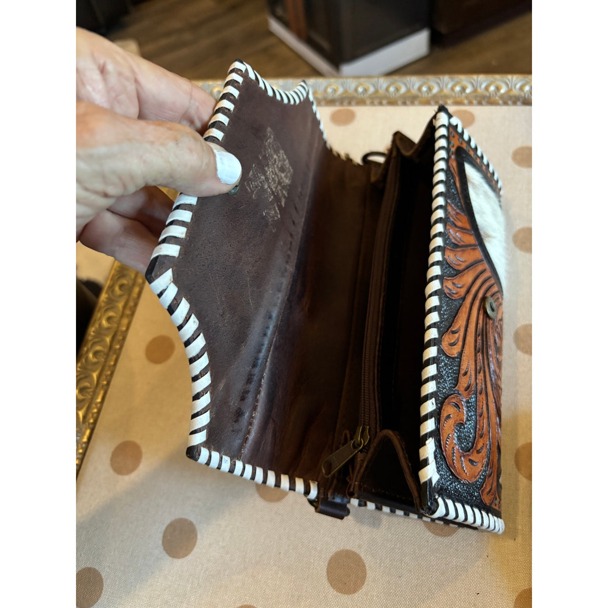 Leather Tooled Cowhide Leather Cross Body Wallet/ Purse.