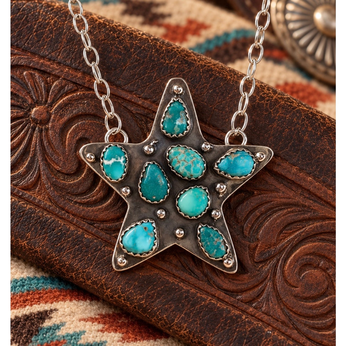 White Water Turquoise Sterling Silver Star Necklace – 20" Southwestern