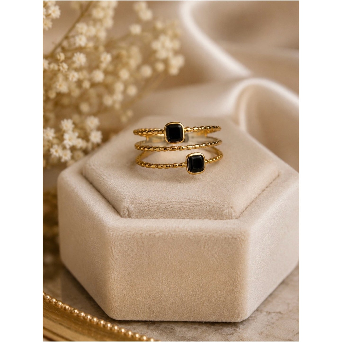 18k Gold Plated, Waterproof Tarnish Free Triple Band Ring w Black Square Stones